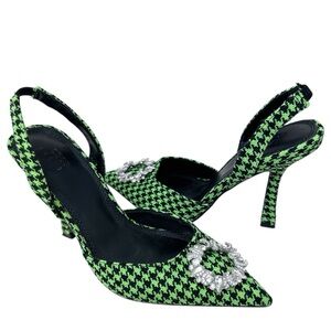 ASOS DESIGN Poppy Embellished Slingback High Heels Shoes Green Houndstooth 7